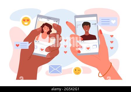 Cartoon femminile mani che tengono telefoni con app di chat dating sullo schermo e ritratti di giovane uomo e donna isolato su bianco. Incontri romantici online Illustrazione Vettoriale