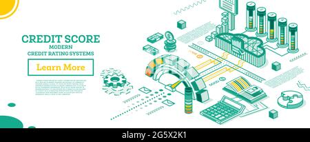 Punteggio di credito personale isometrico o concetto di rating. Punteggio di credito calcolato nella nuvola del computer. Illustrazione vettoriale. Contatore storico prestito di contorno. Illustrazione Vettoriale