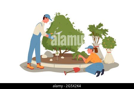 Cartoon giovane uomo donna giardiniere personaggi che lavorano e giardinaggio, tenendo attrezzi da giardino forbici pala, albero che segatura sfondo. Le persone lavorano in Illustrazione Vettoriale