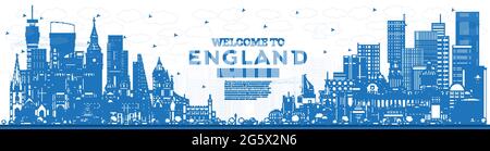 Profilo Benvenuti in England City Skyline con edifici blu. Illustrazione vettoriale. Concetto con architettura storica. Paesaggio urbano dell'Inghilterra con i punti di riferimento Illustrazione Vettoriale
