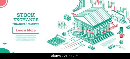 Edificio della Borsa Isometrica. Banca di contorno. Illustrazione vettoriale. Distretto finanziario commerciale. Visualizzazione delle modifiche dei preventivi di borsa. Illustrazione Vettoriale