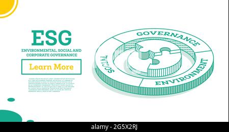 ESG concetto di ambiente, sociale e Governance. Illustrazione vettoriale. Sviluppo sostenibile. Concetto di contorno isometrico. Colore verde. Illustrazione Vettoriale