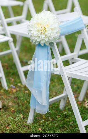 Decorazioni per cerimonie nuziali: Sedie con nastri e crisantemi, molti fiori in stile bianco e blu, su uno sfondo di verde Foto Stock