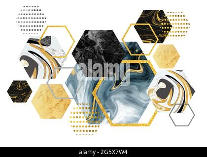 rendering 3d disegno esagonale . arte digitale murale moderna . cornici dorate e marmo su sfondo bianco Foto Stock