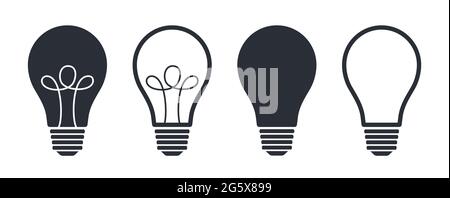 Diversi tipi di simboli di bulbo luminoso riempiti e icone di illustrazione vettoriale della versione del contorno Illustrazione Vettoriale