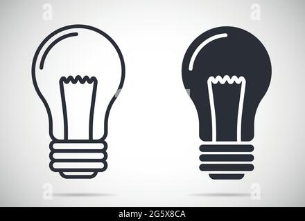 Simboli delle lampadine icone delle illustrazioni vettoriali della versione a riempimento piatto e a contorno Illustrazione Vettoriale