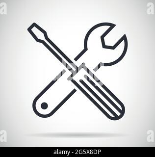 Icona vettoriale di manutenzione con cacciavite e chiave per simbolo di riparazione o costruzione Illustrazione Vettoriale
