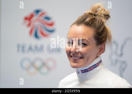 Katy Marchant durante una sessione di kitting out per le Olimpiadi di Tokyo 2020 al Birmingham NEC, Regno Unito. Data immagine: Mercoledì 30 giugno 2021. Foto Stock