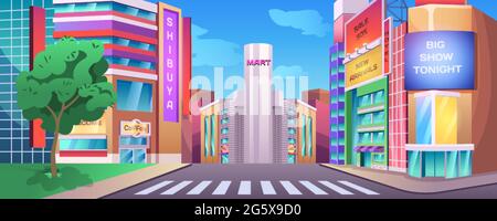 Paesaggio urbano di strada con incrocio, marciapiede ed edifici con cartelloni di negozi, caffè e ristoranti cartoon illustrazione vettoriale. Città città con strada vuota, marciapiede e caffè. Illustrazione Vettoriale