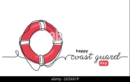 Rosso lifebuoy una linea di illustrazione dell'arte. Coast Guard Day sfondo vettoriale, banner, poster con scritta guardia costiera Illustrazione Vettoriale