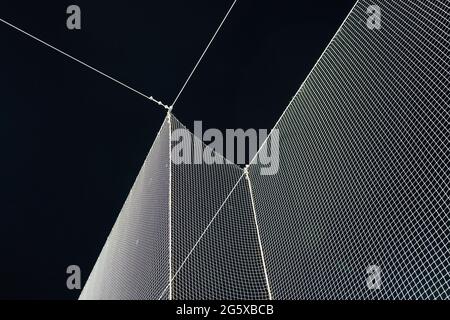Baseball foul palla di sicurezza netting contro un cielo notturno. Foto Stock