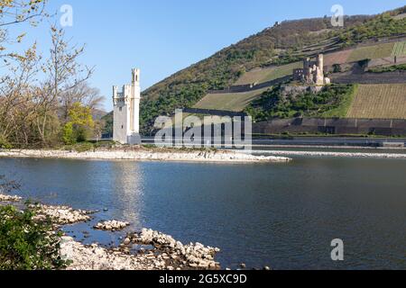 Vista della Torre del topo di Binger sul Reno con rovine del castello Foto Stock