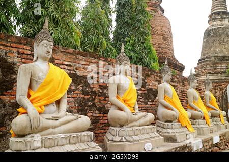 Fila delle incredibili immagini Buddha in abiti gialli con il gruppo di Stupa sullo sfondo, Wat Yai Chai Mongkhon Tempio, Ayutthaya, Thailandia Foto Stock