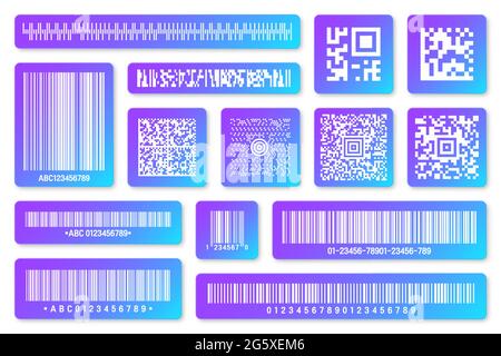 Codici a barre e codici QR dei prodotti moderni e colorati. Codice di identificazione. Numero di serie, ID prodotto con informazioni digitali. Negozio o supermercato Illustrazione Vettoriale