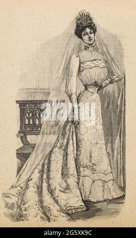 Sposa in vintage abiti da sposa. Incisione di moda retrò dal 1901, Francia, Parigi Foto Stock