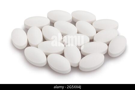 pillole di vitamina percorso isolato su bianco Foto Stock