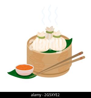 Xiaolongbao. Gnocchi di zuppa. Cinese al vapore bun baozi. Xiaolong bao al vapore servito in un tradizionale cestino per la cottura a vapore. Xiaolong momo mantou tipo di dim Illustrazione Vettoriale