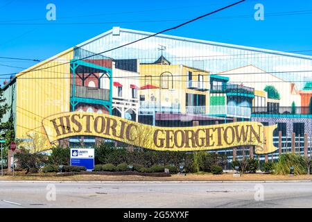 Georgetown, USA - 3 febbraio 2021: Edificio con colorata facciata murale segno per la città storica e Liberty Steel in South Carolina Foto Stock