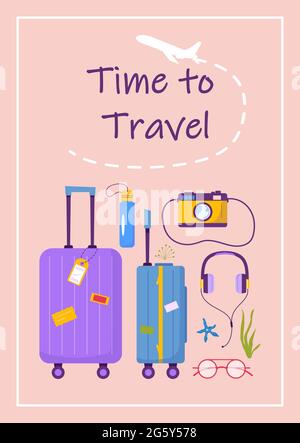 Poster con testo tempo di viaggio e roba per il turismo avventura. Design decorativo JOURNEY con conchiglie, valigie, accessori, fotocamera. Cartone animato piatto mod Illustrazione Vettoriale