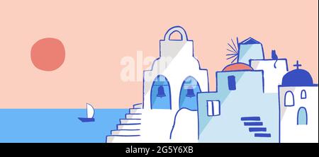 Grecia illustrazione disegnata a mano. Le strade della città vecchia di Santorini, le case tradizionali e famose e le chiese con cupole blu Illustrazione Vettoriale