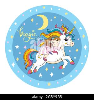 Una ragazza carina sta dormendo sulla parte posteriore di un unicorno. Illustrazione vettoriale forma del cerchio su sfondo cosmico blu. Per stampa, acquazzone del bambino, disegno, decorazione, b Illustrazione Vettoriale