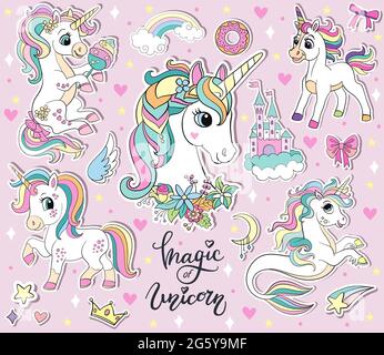 Insieme di simpatici unicorni cartoni animati ed elementi magici.  Illustrazione vettoriale isolata. Per confezione di adesivi, stampa,  poster, design, decorazioni, biancheria, piatti, t-shirt Immagine e  Vettoriale - Alamy