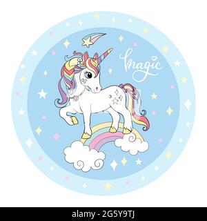 Carino unicorno bianco cartoon si erge su un arcobaleno. Illustrazione vettoriale forma del cerchio su sfondo blu. Per festa, stampa, acquazzone del bambino, disegno, decorazione, dis Illustrazione Vettoriale