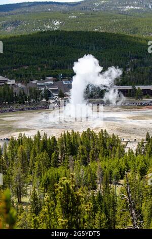 Yellowstone, Wyoming, Stati Uniti, maggio, 25, 2021, i turisti nel bacino del Geyser superiore guardando l'eruzione di Old Faithful, verticale Foto Stock