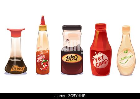 Salse e condimenti in bottiglie di vetro e plastica isolate su fondo bianco. Ketchup, maionese, barbecue, peperoncino caldo e salsa di soia in pacchetto. Cartoon vettoriale di salse diverse Illustrazione Vettoriale