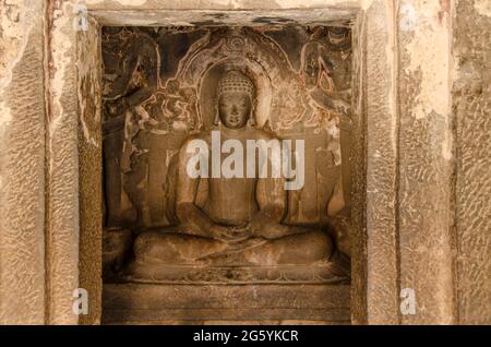 Buddha, grotte di Ellora, Aurangabad - India, patrimonio dell'umanità dell'UNESCO Foto Stock