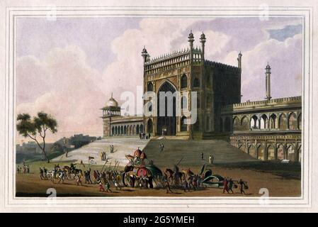 Eastern Gate of the Jummah Musjid at Delhi [Here as JUMMA MUSJED] dal libro ' Oriental Scenery: One centocinquanta visioni dell'architettura, antichità e paesaggi di Hindostan ' di Thomas Daniell, e William Daniell, pubblicato a Londra dagli Autori 1 gennaio 1812 Foto Stock