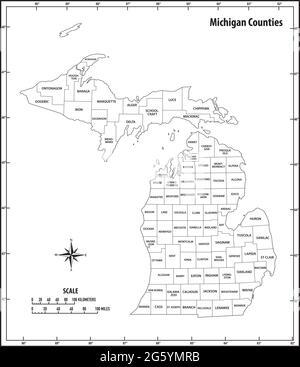 mappa vettoriale amministrativa e politica dello stato del michigan in bianco e nero Illustrazione Vettoriale