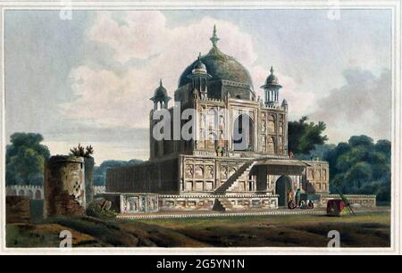 Mausoleo del sultano Purveiz, vicino Allahabad, i resti del sultano Purveiz, figlio dell'imperatore Jehangire, furono qui depositati intorno all'anno 1626." L'identificazione della tomba è in realtà incerta e si ritiene ora che sia quella della sorella Nithar Begum (m.. 1624/5). Si tratta di un edificio di tipico stile Mughal, un cubo coronato da una cupola su una terrazza, con molte nicchie di parete, sottili portali al centro di ogni lato e sottili chhatris o padiglioni. Nell'edificio principale si trova solo un cenotafio; l'ingresso al piano inferiore conduce alla tomba reale della principessa. Dal paesaggio orientale Foto Stock