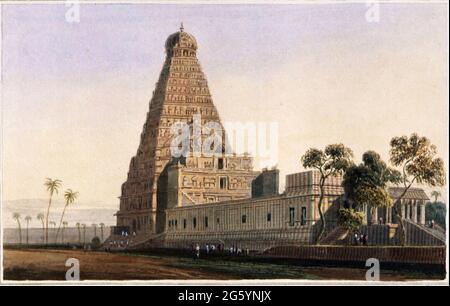 La Grande Pagoda, Tanjore [Thanjavur] il Tempio di Thanjavur è stato patrocinato da Rajaraja i della dinastia Chola intorno al 1000-10 d.C. ed è una delle più grandi realizzazioni architettoniche dell'India del Sud. Il tempio si trova al centro di un grande cortile rettangolare ed è entrato sul lato est attraverso due porte. La torre piramidale del santuario principale è alta circa 60 metri ed è coperta da una scultura complessa. Il mandapa sembra incompiuto, mentre l'ingresso al tempio proprio è un'aggiunta del periodo Nayaka. Dal libro 'scenario orientale: Centocinquanta vie Foto Stock