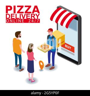 Servizio di consegna pizza concetto isometrico. Courier dà da smartpnone una scatola di pizza a coppia donna e uomo. Spedizione rapida 24 7, ordine di cibo online Illustrazione Vettoriale