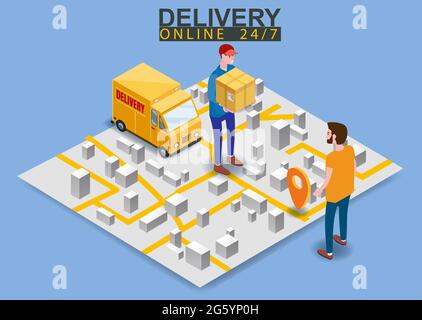 Fast Express isometrico e consegna. Spedizione con corriere a MAN una scatola di cartone. Spedizione gratuita, consegna dei prodotti 24 ore su 24. Consegna furgone camion, mappa Illustrazione Vettoriale