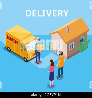 Fast Express isometrico e consegna. Spedizione del corriere a coppia donna e uomo una scatola di cartone. Spedizione gratuita, consegna dei prodotti 24 ore su 24. Consegna Illustrazione Vettoriale
