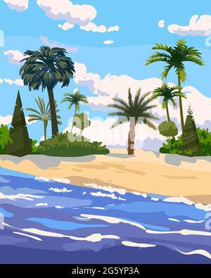 Spiaggia isola tropicale, palme e piante. Costa esotica oceano mare, resort mare vista estiva. Illustrazione vettoriale Illustrazione Vettoriale