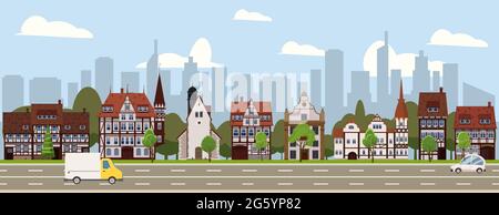 Immagine orizzontale della città senza interruzioni. Grattacieli, case suburbane, centro città. Stile cartoon vettoriale Illustrazione Vettoriale