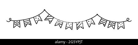 Mungere le vacanze disegnate a mano. Doodle garland compleanno di bandiere. I bambini hanno un disegno noodle. Illustrazione vettoriale isolata su sfondo bianco Illustrazione Vettoriale