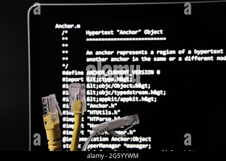 Cavo Internet e codice sorgente World Wide Web che è stato venduto come NFT da Tim Berners Lee visto sullo schermo sfocato di sfondo. Concetto. Stafford, Regno Unito, J. Foto Stock