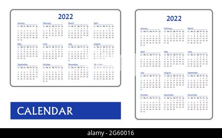 Calendario orizzontale e verticale tascabile blu su 2022 anni. Calendario modello vettoriale in inglese. Per le aziende su sfondo bianco. La settimana inizia da domenica Illustrazione Vettoriale