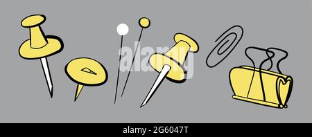 Trendy doodle disegnata a mano illustrazione vettoriale Set in giallo e grigio dell'anno 2021 isolato su uno sfondo grigio. Semplice disegno doodle schizzi stile di forniture per ufficio pin e clip di carta. Illustrazione Vettoriale