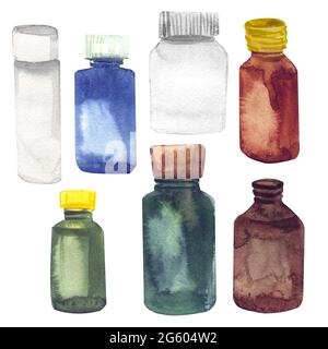 Set di pillole bottiglie d'acqua illustrazioni isolato su bianco Foto Stock