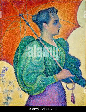 Paul Signac opera dal titolo Donna con ombrello. La donna in cima verde cammina con un ombrello rosso arancione. Sembra che lei significhi affari. Foto Stock