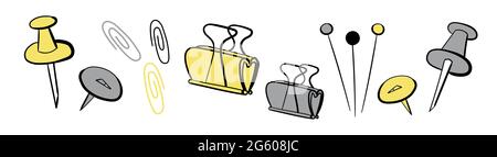 Trendy doodle disegnata a mano illustrazione vettoriale set in giallo e grigio dell'anno 2021 isolato su sfondo bianco. Semplice disegno di bozzetti stile doodle di bottoni, spille e graffette per ufficio. Illustrazione vettoriale Illustrazione Vettoriale