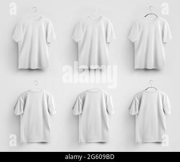 Mockup di magliette bianche da uomo su metallo, grucce in plastica, per la presentazione del design, la pubblicità in un negozio online. Mascherina in tessuto di abbigliamento isolata Foto Stock
