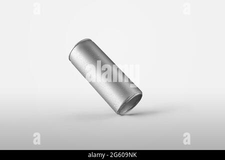 Il metallo può dima con gocce d'acqua, argento lucido imballaggio per la presentazione di disegno e pubblicità di etichetta. Bottiglia di stagno mockup con condensa isolata Foto Stock