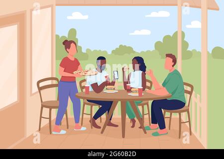 Amici a cena all'aperto festa piatto colore vettore illustrazione Illustrazione Vettoriale