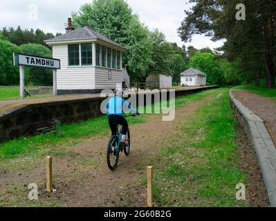 Pedalando sulla linea ferroviaria in disuso di Speyside Way, Grampian Foto Stock